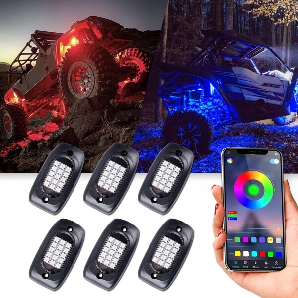MOREFULLS LED アンダーライト 車 RGB ロックライト ライトキット 6個セット 車用 音楽同期 ブレーキライト 多色 アプリ Bluetoothコント