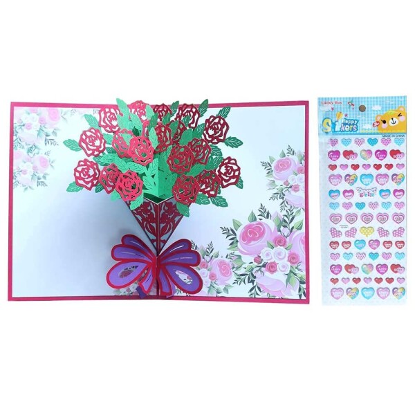 3D 花束 ポップアップカード ( バラ ) 封筒 シール付 立体 花 メッセージ カード グリーティングカード 多目的