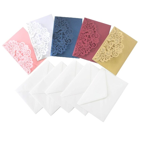 メッセージカード 誕生日 招待状 カード C-POSH レースカット 白紙カード 封筒 写真収納 付き 5枚セット (5色セット/白カード3)