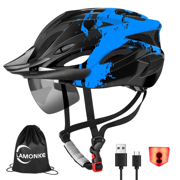 LAMONKE 自転車 ヘルメット 大人用 LEDライト 磁気ゴーグル サンバイザー付き 18通気ホール 高通気性 サイクリング ロードバイク MTB 両
