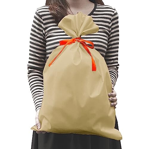 ラッピング袋 袋 中 不織布 W 400 × H 600 mm (ベージュ) 不織布袋 プレゼント ギフト 大きい 中サイズ リボン付 クリスマス 誕生日 包