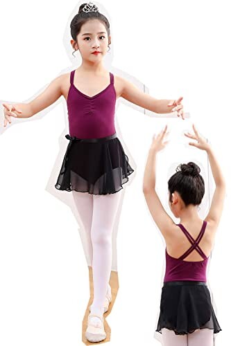 (Hapipa) バレエ レオタード 子供 ジュニア キッズ 子ども 新体操 発表会 練習着 ダンス衣装 スカート付き (ブラック パープル 130 140 1
