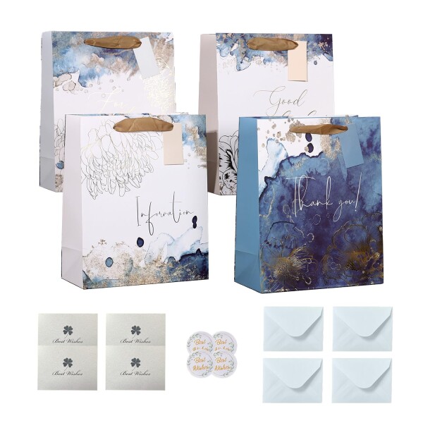 光樹製紙 かわいい藍染風 ギフトバッグ(Ｍサイズ4枚セット+メッセージカード4枚) 高級クラフト 紙袋 ラッピング袋 プレゼント用 返礼品用