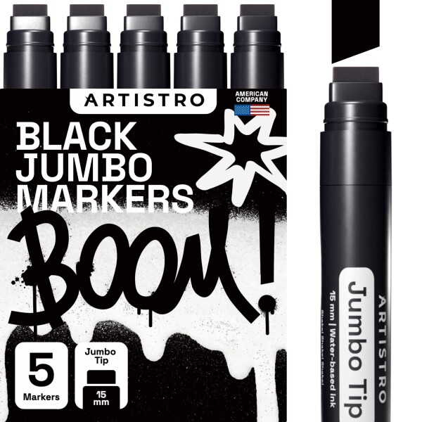 ARTISTRO Jumbo Markers, 5 Jumbo Black Markers, 15mm Jumbo Felt Tip, Acrylic Paint Markers for Rock Painting, Stone, Ceramic, Gla