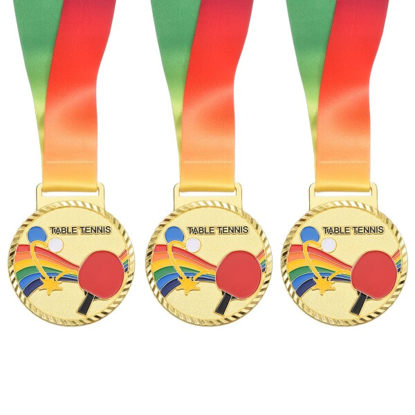 PATIKIL 68 mm ピンポンメダル 3個 卓球賞メダル 金メダル リボン付き マルチカラー ゲーム スポーツ競技用